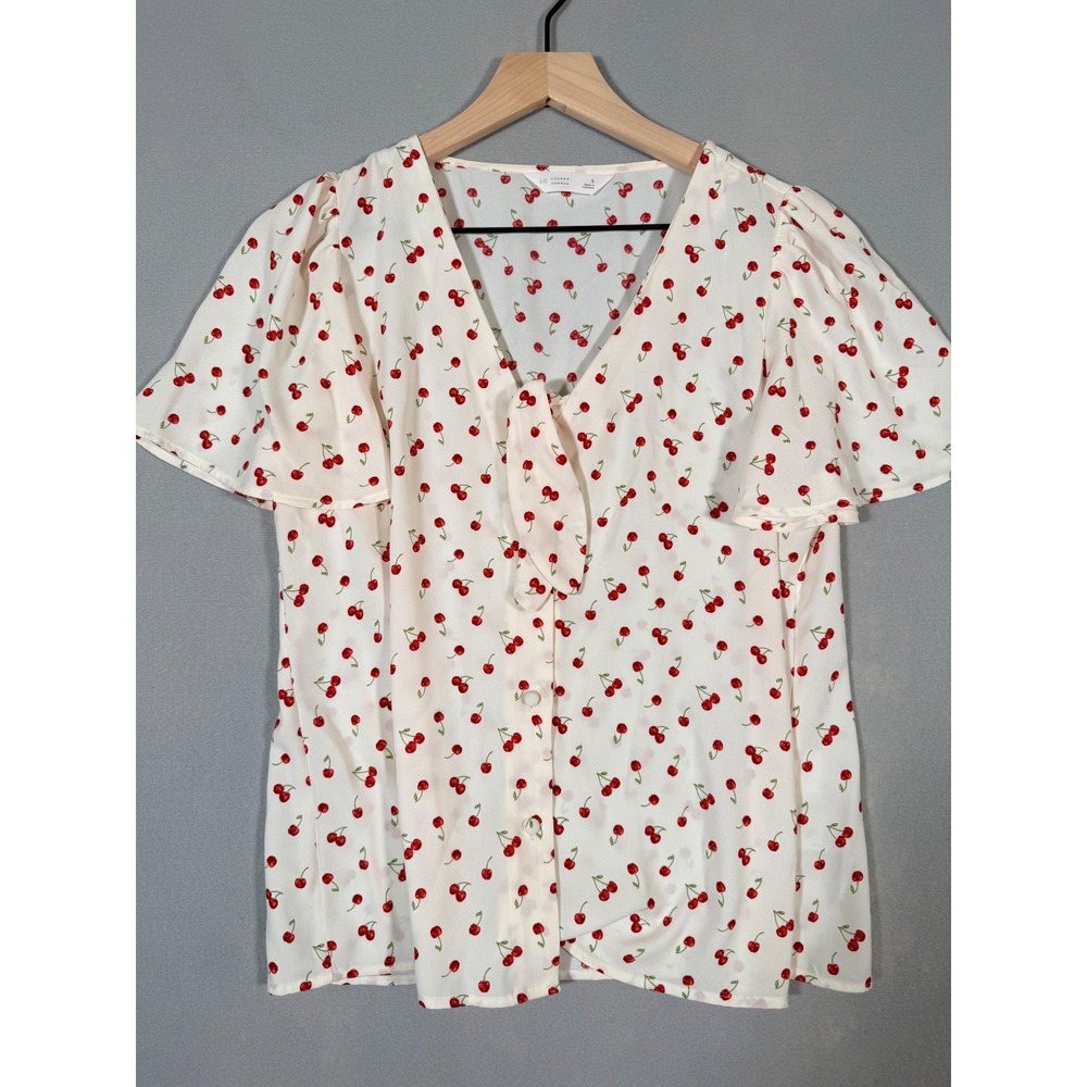 LC Lauren Conrad Cottagecore Cherry‎ Print Blouse Tie Front Flutter Sleeve S